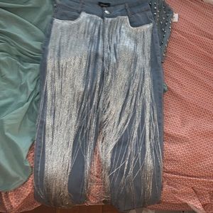 Silver fringe denim jeans.